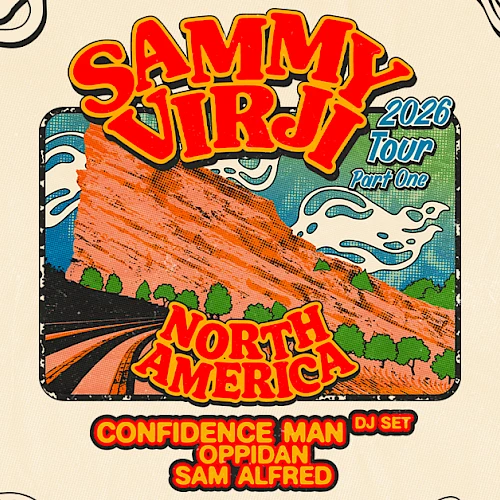 Poster for Sammi Virji&rsquo;s 2026 North America tour, featuring Confidence Man DJ Set, Sam Alfred, and Red Rocks/Morrison, CO vibes.