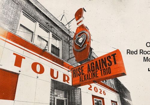 A vintage concert poster for Rise Against Alkaline Trio at Red Rocks, October 12, with a neon &ldquo;TOUR&rdquo; sign on a brick building.