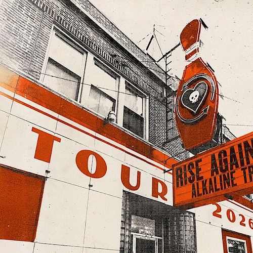 A vintage concert poster for Rise Against Alkaline Trio at Red Rocks, October 12, with a neon &ldquo;TOUR&rdquo; sign on a brick building.