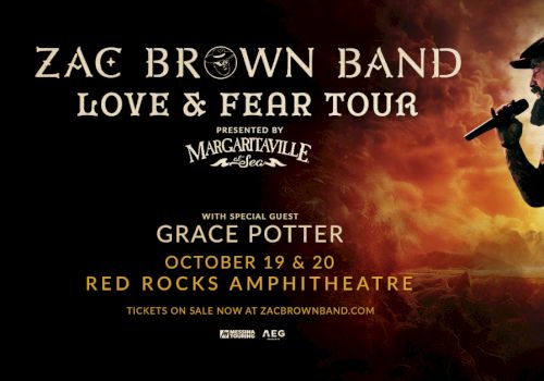 Zac Brown Band Love & Fear Tour poster with Grace Potter, Red Rocks Amphitheatre, October 19-20, on sale at zacbrownband.com.