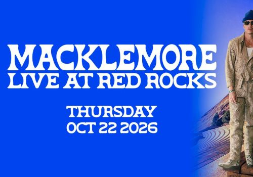 Macklemore live at Red Rocks, Thursday Oct 22 2026, blue era on left with Macklemore in beige outfit on the right.