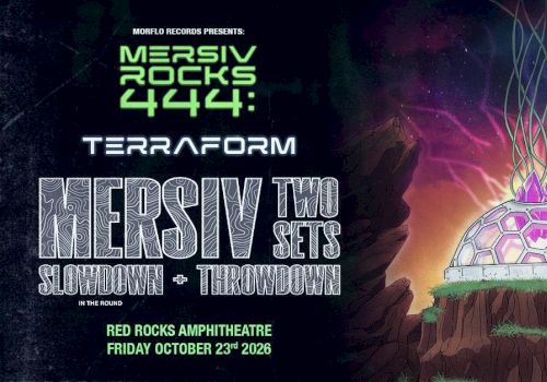 MERSIV rocks 444: TerraForm, with a glowing dome on a rocky pedestal and neon event text, ending with a period.