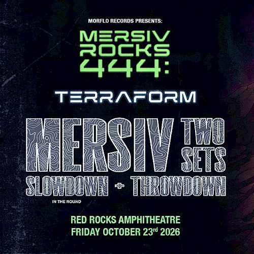 MERSIV rocks 444: TerraForm, with a glowing dome on a rocky pedestal and neon event text, ending with a period.
