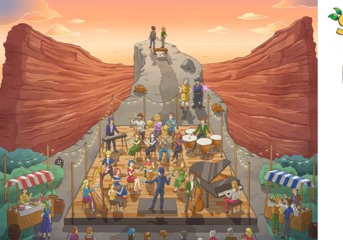 A large outdoor stage built into a canyon cliff with musicians, vendors, and a crowd enjoying a Stampedew Valley concert; some text on the right side.