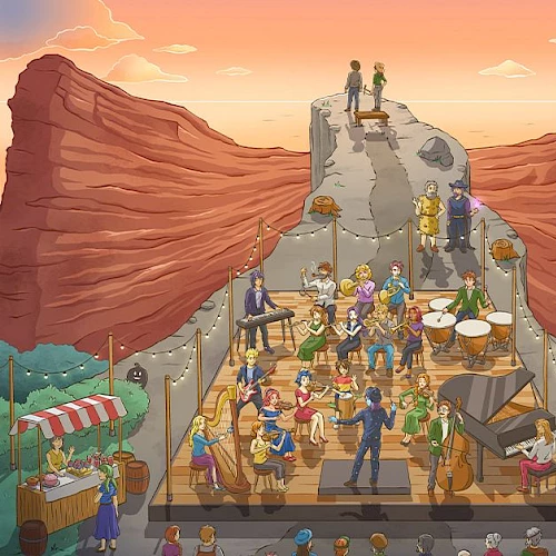 A large outdoor stage built into a canyon cliff with musicians, vendors, and a crowd enjoying a Stampedew Valley concert; some text on the right side.