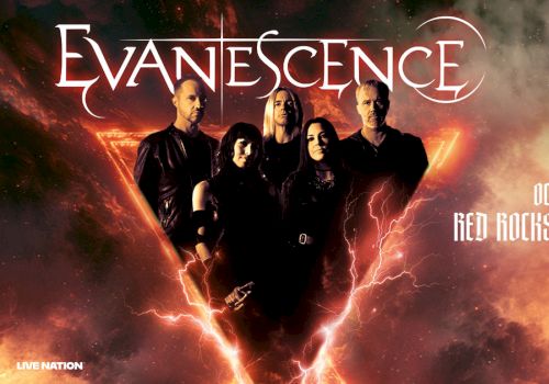 Evanescence band poster with the four members in a dramatic fiery background, "Evanescence" logo, and concert info for October 26.