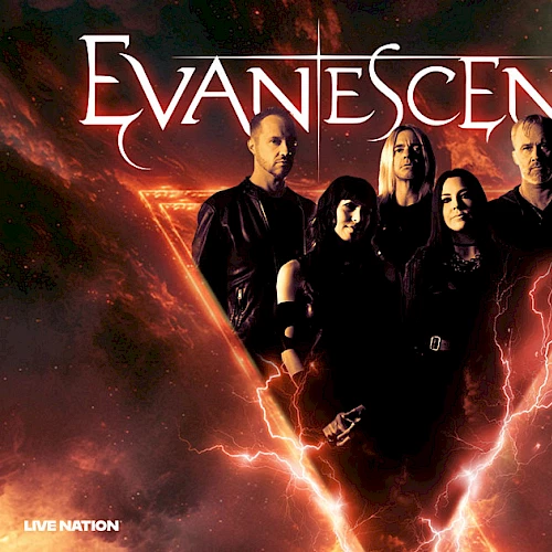 Evanescence band poster with the four members in a dramatic fiery background, "Evanescence" logo, and concert info for October 26.