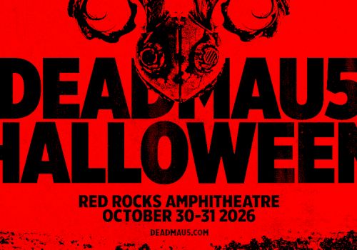 Deadmau5 Halloween promo poster in red and black, featuring bold text &ldquo;DEADM AUS HALLOWEEN,&rdquo; a skull/mask graphic, and event details. ends.