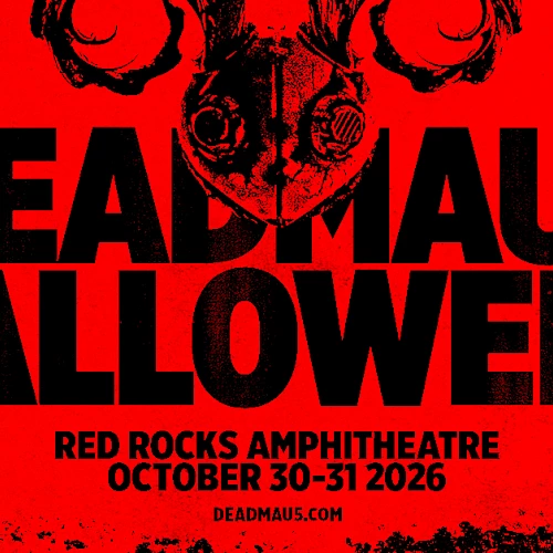 Deadmau5 Halloween promo poster in red and black, featuring bold text &ldquo;DEADM AUS HALLOWEEN,&rdquo; a skull/mask graphic, and event details. ends.