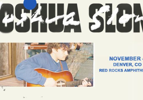 A boy with a guitar sits playing indoors; vintage concert flyer style text reads Joshua... something&mdash;details show Denver, CO event on November 4.