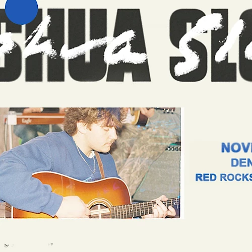 A boy with a guitar sits playing indoors; vintage concert flyer style text reads Joshua... something&mdash;details show Denver, CO event on November 4.