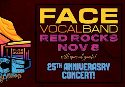 A colorful poster for Face Vocal Band&rsquo;s 25th anniversary concert, featuring bold yellow &ldquo;FACE&rdquo; text, a turquoise-blue logo, sunset rock shapes, and event details.