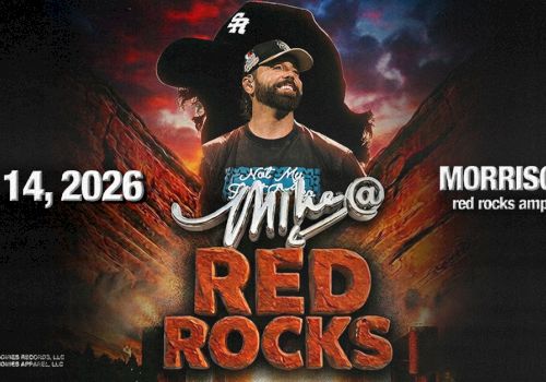 A concert poster for Mike &ldquo;Mike&rdquo; at Red Rocks, featuring a bold, fiery design and the date November 14, 2026, in Morrison, CO.