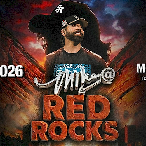 A concert poster for Mike &ldquo;Mike&rdquo; at Red Rocks, featuring a bold, fiery design and the date November 14, 2026, in Morrison, CO.