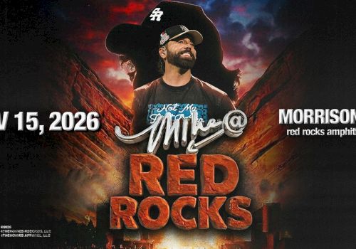 A concert poster for Mike &ldquo;Micky&rdquo; at Red Rocks, Morrison CO, Nov 15, 2026, with bold red &ldquo;RED ROCKS&rdquo; lettering and a cowboy hat figure, in a dramatic dark backdrop.