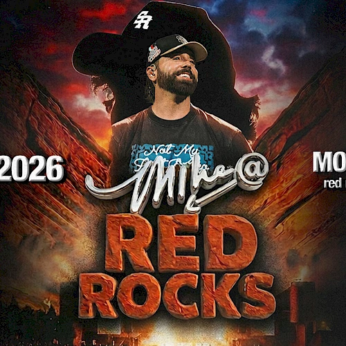 A concert poster for Mike &ldquo;Micky&rdquo; at Red Rocks, Morrison CO, Nov 15, 2026, with bold red &ldquo;RED ROCKS&rdquo; lettering and a cowboy hat figure, in a dramatic dark backdrop.