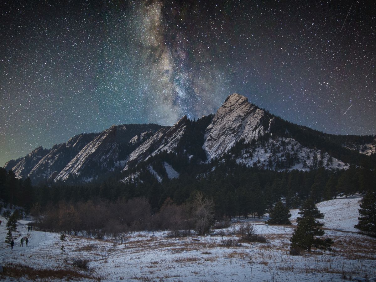 A snowy mountain range under a star-filled sky, with the Milky Way glowing across the clouds and peaks near Boulder Colorado and the Sundance Film Festival